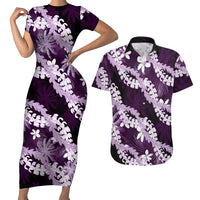 Puakenikeni Maile Lei Couples Matching Short Sleeve Bodycon Dress and Hawaiian Shirt Frangipani Purple Tropical Leaves LT01 Purple - Polynesian Pride