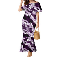 Puakenikeni Maile Lei Family Matching Mermaid Dress and Hawaiian Shirt Frangipani Purple Tropical Leaves
