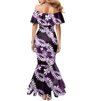 Puakenikeni Maile Lei Family Matching Mermaid Dress and Hawaiian Shirt Frangipani Purple Tropical Leaves