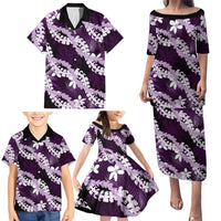 Puakenikeni Maile Lei Family Matching Puletasi and Hawaiian Shirt Frangipani Purple Tropical Leaves