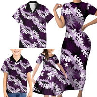 Puakenikeni Maile Lei Family Matching Short Sleeve Bodycon Dress and Hawaiian Shirt Frangipani Purple Tropical Leaves
