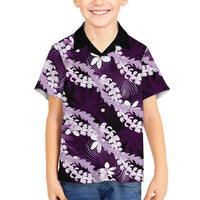 Puakenikeni Maile Lei Family Matching Short Sleeve Bodycon Dress and Hawaiian Shirt Frangipani Purple Tropical Leaves