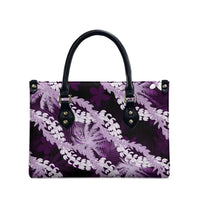Puakenikeni Maile Lei Leather Bag Frangipani Purple Tropical Leaves