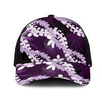Puakenikeni Maile Lei Mesh Trucker Cap Frangipani Purple Tropical Leaves