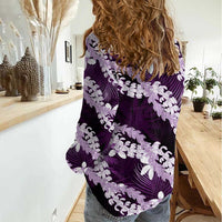 Puakenikeni Maile Lei Women Casual Shirt Frangipani Purple Tropical Leaves LT01 - Polynesian Pride