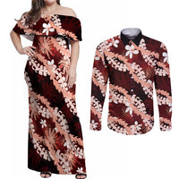 Puakenikeni Maile Lei Couples Matching Off Shoulder Maxi Dress and Long Sleeve Button Shirt Frangipani Red Tropical Leaves LT01 Red - Polynesian Pride