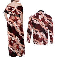 Puakenikeni Maile Lei Couples Matching Off Shoulder Maxi Dress and Long Sleeve Button Shirt Frangipani Red Tropical Leaves LT01 - Polynesian Pride