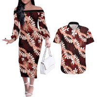 Puakenikeni Maile Lei Couples Matching Off The Shoulder Long Sleeve Dress and Hawaiian Shirt Frangipani Red Tropical Leaves