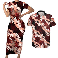 Puakenikeni Maile Lei Couples Matching Short Sleeve Bodycon Dress and Hawaiian Shirt Frangipani Red Tropical Leaves LT01 Red - Polynesian Pride