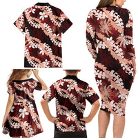 Puakenikeni Maile Lei Family Matching Long Sleeve Bodycon Dress and Hawaiian Shirt Frangipani Red Tropical Leaves