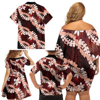 Puakenikeni Maile Lei Family Matching Off Shoulder Short Dress and Hawaiian Shirt Frangipani Red Tropical Leaves