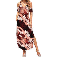 Puakenikeni Maile Lei Family Matching Summer Maxi Dress and Hawaiian Shirt Frangipani Red Tropical Leaves