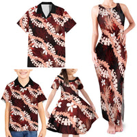 Puakenikeni Maile Lei Family Matching Tank Maxi Dress and Hawaiian Shirt Frangipani Red Tropical Leaves
