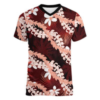 Puakenikeni Maile Lei Women V-Neck T-Shirt Frangipani Red Tropical Leaves