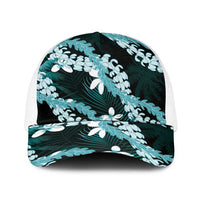 Puakenikeni Maile Lei Baseball Net Cap Frangipani Turquoise Tropical Leaves LT01 One Size White Turquoise - Polynesian Pride