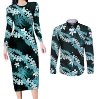 Puakenikeni Maile Lei Couples Matching Long Sleeve Bodycon Dress and Long Sleeve Button Shirt Frangipani Turquoise Tropical Leaves