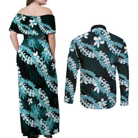 Puakenikeni Maile Lei Couples Matching Off Shoulder Maxi Dress and Long Sleeve Button Shirt Frangipani Turquoise Tropical Leaves LT01 - Polynesian Pride