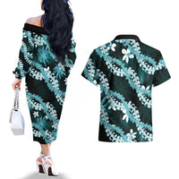 Puakenikeni Maile Lei Couples Matching Off The Shoulder Long Sleeve Dress and Hawaiian Shirt Frangipani Turquoise Tropical Leaves LT01 - Polynesian Pride