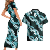 Puakenikeni Maile Lei Couples Matching Short Sleeve Bodycon Dress and Hawaiian Shirt Frangipani Turquoise Tropical Leaves