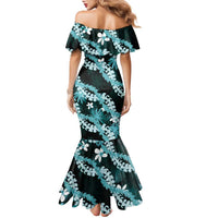 Puakenikeni Maile Lei Family Matching Mermaid Dress and Hawaiian Shirt Frangipani Turquoise Tropical Leaves