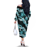 Puakenikeni Maile Lei Family Matching Off The Shoulder Long Sleeve Dress and Hawaiian Shirt Frangipani Turquoise Tropical Leaves