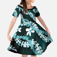 Puakenikeni Maile Lei Family Matching Puletasi and Hawaiian Shirt Frangipani Turquoise Tropical Leaves LT01 Daughter's Dress Turquoise - Polynesian Pride