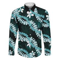 Puakenikeni Maile Lei Family Matching Puletasi and Hawaiian Shirt Frangipani Turquoise Tropical Leaves LT01 Dad's Shirt - Long Sleeve Turquoise - Polynesian Pride