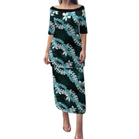 Puakenikeni Maile Lei Family Matching Puletasi and Hawaiian Shirt Frangipani Turquoise Tropical Leaves LT01 Mom's Dress Turquoise - Polynesian Pride