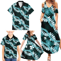 Puakenikeni Maile Lei Family Matching Summer Maxi Dress and Hawaiian Shirt Frangipani Turquoise Tropical Leaves