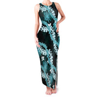 Puakenikeni Maile Lei Family Matching Tank Maxi Dress and Hawaiian Shirt Frangipani Turquoise Tropical Leaves LT01 Mom's Dress Turquoise - Polynesian Pride