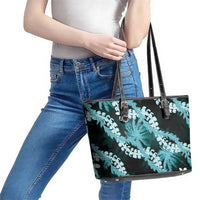 Puakenikeni Maile Lei Leather Tote Bag Frangipani Turquoise Tropical Leaves LT01 - Polynesian Pride