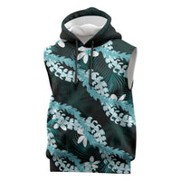 Puakenikeni Maile Lei Sleeveless Hoodie Frangipani Turquoise Tropical Leaves