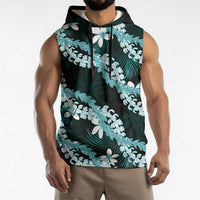 Puakenikeni Maile Lei Sleeveless Hoodie Frangipani Turquoise Tropical Leaves