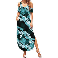 Puakenikeni Maile Lei Summer Maxi Dress Frangipani Turquoise Tropical Leaves LT01 Women Turquoise - Polynesian Pride