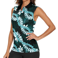Puakenikeni Maile Lei Women Sleeveless Polo Shirt Frangipani Turquoise Tropical Leaves