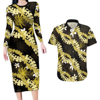 Puakenikeni Maile Lei Couples Matching Long Sleeve Bodycon Dress and Hawaiian Shirt Frangipani Yellow Tropical Leaves LT01 Yellow - Polynesian Pride