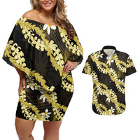 Puakenikeni Maile Lei Couples Matching Off Shoulder Short Dress and Hawaiian Shirt Frangipani Yellow Tropical Leaves