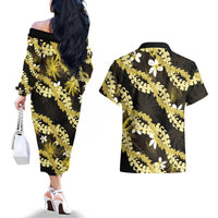 Puakenikeni Maile Lei Couples Matching Off The Shoulder Long Sleeve Dress and Hawaiian Shirt Frangipani Yellow Tropical Leaves LT01 - Polynesian Pride