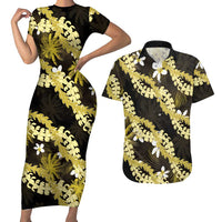 Puakenikeni Maile Lei Couples Matching Short Sleeve Bodycon Dress and Hawaiian Shirt Frangipani Yellow Tropical Leaves LT01 Yellow - Polynesian Pride
