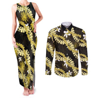 Puakenikeni Maile Lei Couples Matching Tank Maxi Dress and Long Sleeve Button Shirt Frangipani Yellow Tropical Leaves