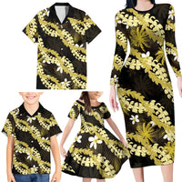 Puakenikeni Maile Lei Family Matching Long Sleeve Bodycon Dress and Hawaiian Shirt Frangipani Yellow Tropical Leaves LT01 - Polynesian Pride