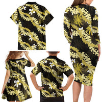 Puakenikeni Maile Lei Family Matching Long Sleeve Bodycon Dress and Hawaiian Shirt Frangipani Yellow Tropical Leaves LT01 - Polynesian Pride