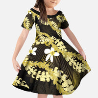 Puakenikeni Maile Lei Family Matching Off The Shoulder Long Sleeve Dress and Hawaiian Shirt Frangipani Yellow Tropical Leaves LT01 Daughter's Dress Yellow - Polynesian Pride