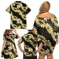 Puakenikeni Maile Lei Family Matching Off Shoulder Short Dress and Hawaiian Shirt Frangipani Yellow Tropical Leaves