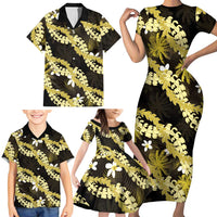 Puakenikeni Maile Lei Family Matching Short Sleeve Bodycon Dress and Hawaiian Shirt Frangipani Yellow Tropical Leaves LT01 - Polynesian Pride