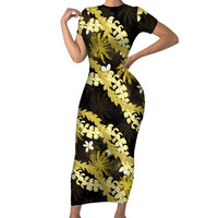 Puakenikeni Maile Lei Family Matching Short Sleeve Bodycon Dress and Hawaiian Shirt Frangipani Yellow Tropical Leaves LT01 Mom's Dress Yellow - Polynesian Pride