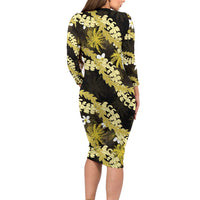 Puakenikeni Maile Lei Long Sleeve Bodycon Dress Frangipani Yellow Tropical Leaves LT01 - Polynesian Pride