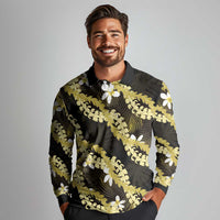 Puakenikeni Maile Lei Long Sleeve Polo Shirt Frangipani Yellow Tropical Leaves