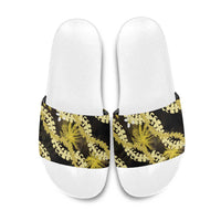 Puakenikeni Maile Lei Slide Sandals Frangipani Yellow Tropical Leaves