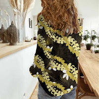Puakenikeni Maile Lei Women Casual Shirt Frangipani Yellow Tropical Leaves LT01 - Polynesian Pride